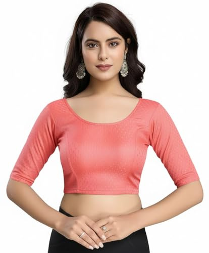 Accessorize Kingdom Women's Dobby Pure Cotton Elastin Stretchable Readymade Round Neck Elbow Length Sleeves Blouse Choli Stylish Saree Blouse (Gajri, XL)