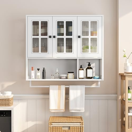 Bad Wandregal mit 3 Türen, Holz Wandregal mit offenem und geschlossenem Stauraum, Glas-Tür Medikamentenschrank, Handtuchhalter, für Eingangsbereich, Wohnzimmer, Badezimmer, Esszimmer, Weiß