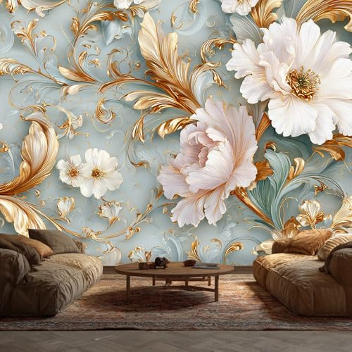 Blumen 3D Tapete, Tapete Gold Rosa Blume Blätter Fototapete Wohnzimmer Schlafzimmer Küche Innen, Blumen 3D Wand Deko Wandtapete 200L x 150B cm