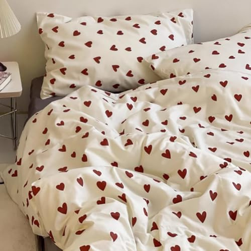 AShanlan Bettwäsche 200x200 Rot Herzen Bettbezug und 2 Kissenbezug 80x80 cm | ÖkoTex Bettwäsche-Sets, 110gsm Microfaser, Rot Weiß Herzchen Bettwäsche mit Reißverschluss, 3teilig