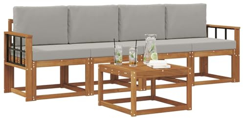vidaXL Outdoor-Sofagarnitur mit Kissen 5 pcs Natürlich und Hellgrau, Garten-Sektionalsitz, Moderne Außenmöbel, langlebige Lounge, entspannte Terrasse für alle