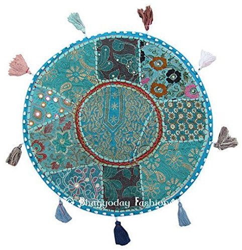 Indian Embroidered Patchwork Ottoman Cover, Indian Living Room Pouf Decorative Pouf, Indian Ethnic Round Pouf, 18 Inch. by bhagyoday