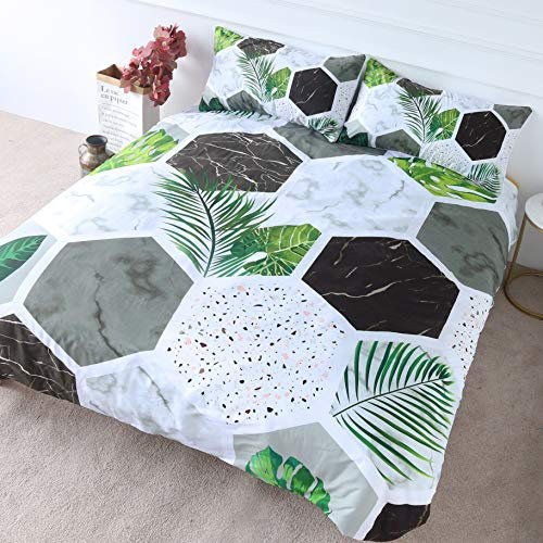 BlessLiving Modern Terrazzo Bedding Hexagon Marble Duvet Cover 3 Pieces Green Palm Leaves Bedspread Geometric Bed Set (King)