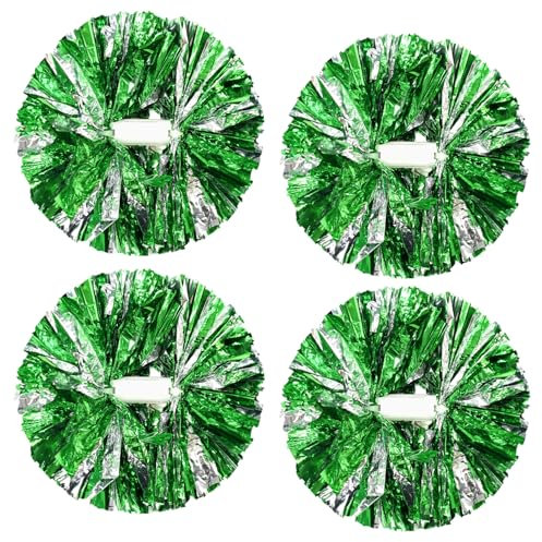 CREATIEE-PRO Cheerleader-Pompons, metallisch, 2 Paar, Cheerleader-Pompons für Schule, Sport, Tanzspiele, Teamgeist, Cheerleader, Cheerleader, Cheerleader, Cheering Squad, 4 Stück, grün-silber