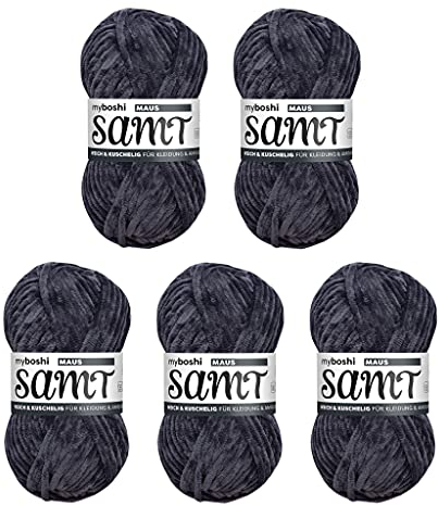 myboshi Samt, 100% Chenille-Garn, Anthrazit - Maus, 100g, 100m, 5 Knäuel, Wolle zum Häkeln und Stricken, XXL-Knäuel, Amigurumigarn, Samtig weich