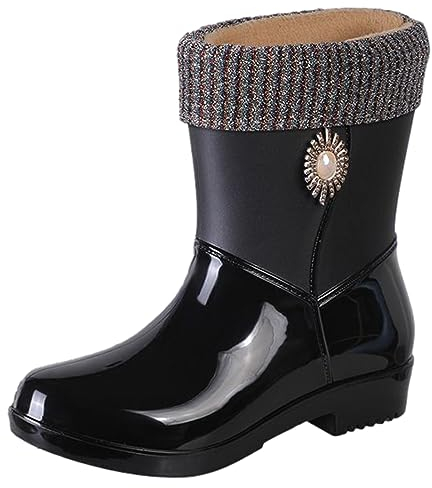 ANUFER Donna Elegante Punta Rotonda Metà Polpaccio Stivali da Pioggia con Fodera Removibile Nero SN021240 EU38