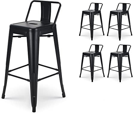Kosmi - Lot de 4 tabourets de Bar en métal Noir Mat avec Petit Dossier, chaises de Bar Tabourets métal Hauteur 66 cm Parfait pour Table de 90 cm, îlot Central ou Plan de Travail VC3003M(HB) Moyen