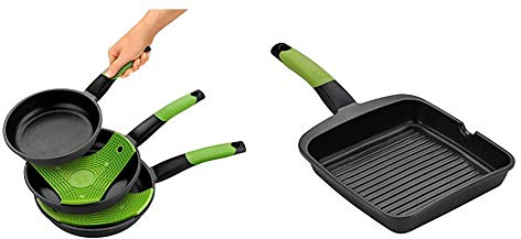 BRA Prior - Set de 3 sartenes, aluminio antiadherente, 18, 22 y 26 cm, incluye dos salvamanteles Safe verdes + PRIOR - Grill asador con rayas, aluminio fundido con antiadherente Teflon Classic, 28 cm