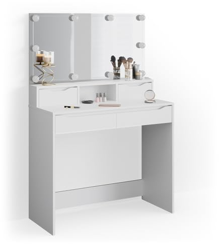 Vicco Schminktisch Ruben, Kosmetiktisch mit Spiegel, Weiß, 100 cm mit LED Beleuchtung