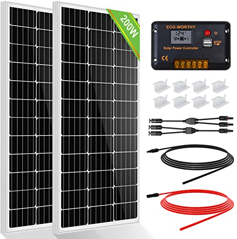 Eco-Worthy 200W (2 * 100W) Kit Pannello Solare Monocristallino Off Grid con Regolatore di Carica LCD + Cavi + Staffe di Montaggio per Barche Capanno Campeggio