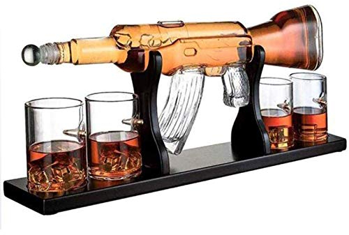 SGSG 1000Ml M16 Gun Large Decanter Set Bullet Glasses, Elegant Rifle Whiskey Decanter with 4 Bullet Whiskey Glasses And Mohogany Wooden Base, With decanter brush, Rum Holder Alcohol Dec