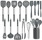 Kitchen Utensil Set, Homikit 15 Piece Silicone Cooking Utensils Spatulas Set with Holder, Heat Resistant Kitchen Tools Turners Spatulas Spoons for Non Stick Cookware, Stainless Steel Handle (Grey)