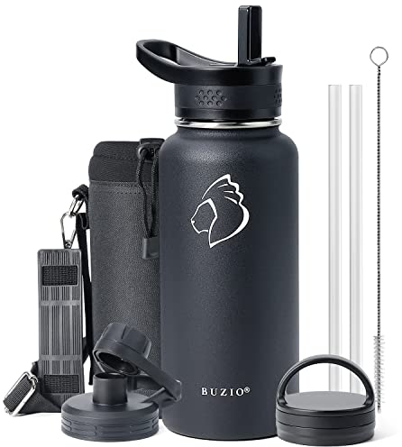 Insulated Water Bottle 1L, BUZIO Insulated Bottle Stainless Steel with Straw 3 Caps, Hot Cold Double Wall Leakproof Modern Double Walled Simple Thermo Mug with Carrying Pouch, Black