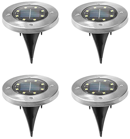 Haushalt International Solarlampe Silber Steckleuchte Außenlampe rund, LED Terrassenleuchte Garten Bodenlampe wetterfest, Edelstahl, 8X LED warmweiß, DxH 12x14cm, 4er Set