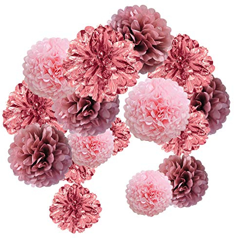 MAKFORT 15 Stück bunte Pompons aus Seidenpapier für Hochzeit Geburtstag Party (Roségold)