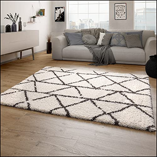 Paco Home Hochflor Teppich Wohnzimmer Shaggy Langflor Skandinavisches Rauten Muster Modern, Grösse:80x150 cm, Farbe:Creme 5