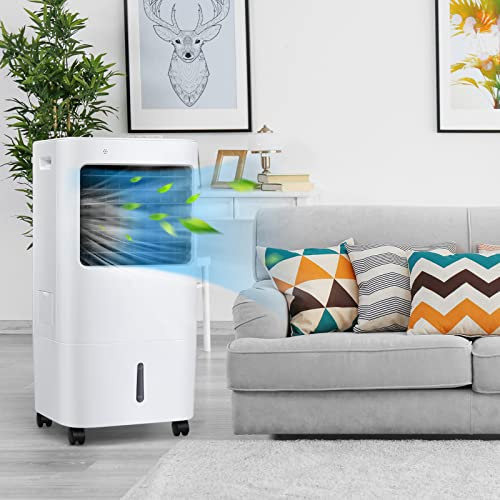 TANGZON 20L Mobile Evaporative Air Cooler, 4 in 1 Air Conditioner/Purifier/Fan/Humidifier with 4 Speeds, 3 Modes, 7.5H Timer, Remote Control, Oscillation & 2 Boxes of Ice Crystals for Home Office