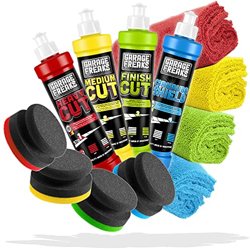 Garage Freaks Handpolitur Set Komplettpaket: Heavy Cut 250ml + Medium Cut 250ml + Finish Cut 250ml + Protection Carnauba Shield 250ml + 4X Polierschwamm + 4X Mikrofaser Poliertücher 40x40cm 550GSM