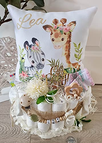 Windeltorte mit Name - Kuschelkissen Giraffe & Zebra I Schnullerkette & Greifling - Geschenk, Babyparty, Geburt oder Taufe + auf Wunsch, gratis Grußkärtchen