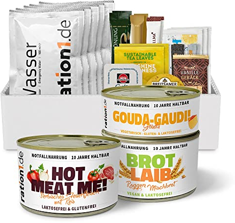 ration1 EPa Feuerfleisch mit Reis, laktose- & glutenfrei, Premium Tagesration Langzeitnahrung, Einmannpackung wie EPA Bundeswehr, Konserven (Fertiggericht, Käse, Dosenbrot) & Wasser 10 Jahre haltbar