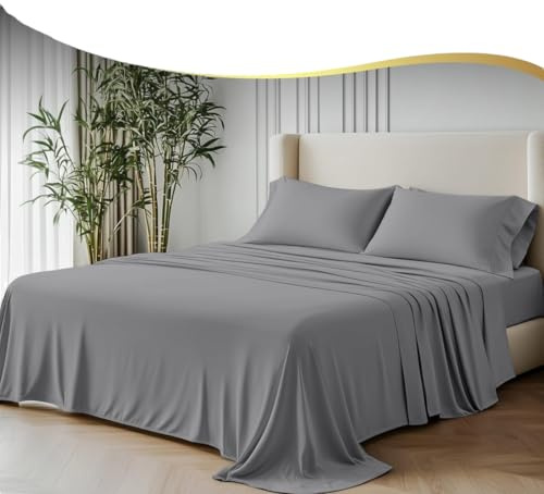 GF 100% Organic Bamboo 300tc Luxurious sateen weave Bedding Set Duvet Cover, Extra Deep 40cm Fitted Sheet, 2 x Pillow Cases (Grey, Super King Size)