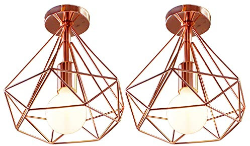 STOEX Plafonnier industriel vintage design cage forme diamant 25cm en fer rétro luminaire LED E27 salon cuisine chambre déco (2pcs Or rose)