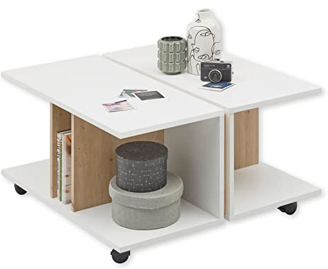 MATS MINI Couchtisch auf Rollen quadratisch in Weiß, Artisan Eiche Optik - Mobiler Sofatisch mit vier unterteilten Ablageflächen - 75 x 45 x 75 cm (B/H/T)