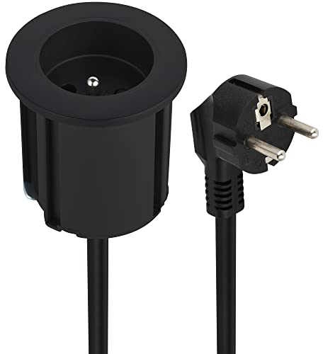 Electraline 35457 Bloc Multiprise Encastrable Compacte avec 1 Prise 16A pour Bureau / Table, 54 mm de diamètre ou 60mm standard avec adaptateur (inclus), Facile a Installer, prolongateur de 2M