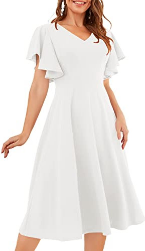 Bridesmay Semi Formal Dresses Ruffle Sleeve Tea Party Dress for Women Swing Cocktail Dresses for Wedding Guest White XL