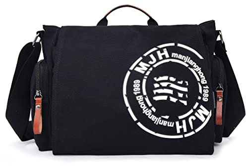 FSD.WG Satchel Messenger Bag for Men Canvas,Travel Shoulder bag 13,5 Zoll Laptop Bags Bookbag, schwarz, Large