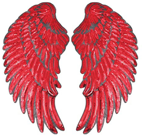 Tiardey Large Angel Wings Sequin Patches Iron on Sew on Appliques Embroidered Motif for DIY Clothes - Red