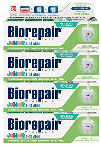 4x Biorepair Junior 6-12 Anni Dentifricio alla Menta Delicata Protezione Carie Zero Coloranti - 4 Flaconi da 75ml