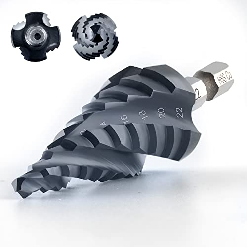 toolant Four Spiral Flute Cobalt Step Drill Bit(Pro Max), 4-22mm Impact Ready Four Spiral Flutes Unibit Step Bit, 1/4 Hex Shank Unibit for Metal, Stainless Steel, Aluminum, Wood, Plastic
