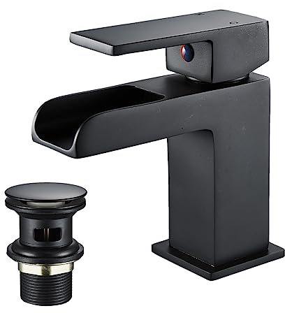Luckyhome Waterfall Basin Taps with Waste,Bathroom Single Lever Chrome Plated Brass Sink Mixer Tap（Black）