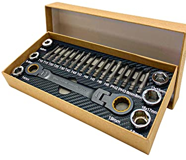 MAGIC SELECT Kit Llave de Trinquete Articulada (23PCs). Juego de Llave con 72 Dientes, 16 Puntas de Destornillador y 6 Mangas Reductoras/Brocas. Herramienta de Reparación Multifunción. Acero CRV.