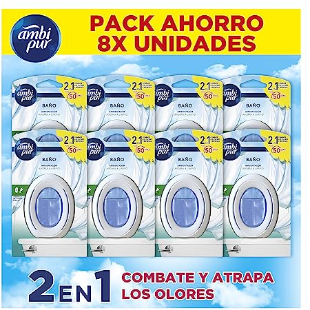 Ambipur Ambientador Para Baño 1 Pack (8 unidades x 50 dias) Fragancia Aroma A Limpio, Elimina y Previene De Malos Olores En El Cuarto De Baño, Mega Pack