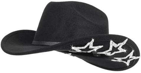 Western Cowboy Hat for Men Women Classic Roll Up Fedora Hat with Buckle Belt(Size:Medium), Black With Six Star, M