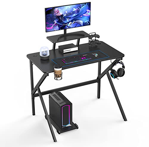 CHOWGOLI Bureau Gaming 100x55x75cm, Bureau Gamer Noir en Fibre de Carbone, Bureau Ordinateur PC Ergonomique, Table Gaming avec Support d'écran, Porte-Gobelet, Crochet pour Casque, Base en Forme K