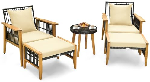 COSTWAY 3/5PCS Rattan Garden Furniture Set, Acacia Wood Bistro Set with 2 Armchairs, Glass Side Table & Cushions, Outdoor Wicker Conservatory Sofa Table Set(5PCS-with 2 Ottomans)