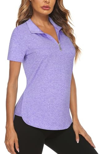 Gemulate Golf 1/4 Zip top Women Short Sleeve Collared Neck Sports Tops Workout Gym Tshirt v Neck Yoga Clothes Ladies Golf Polo Shirts Purple XL
