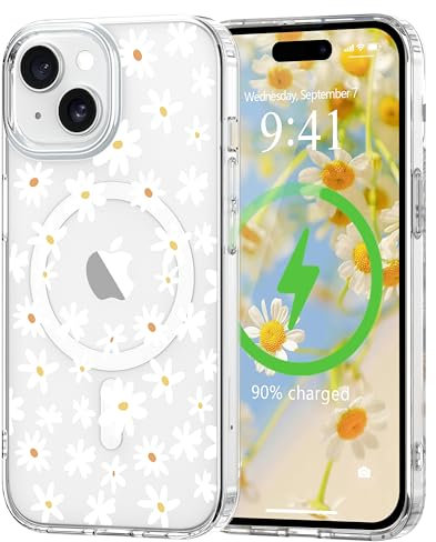 L-FADNUT Magnetisch Handyhülle für iPhone 15 Hülle Kompatibel mit MagSafe, Transparent Blumen Muster Schutzhülle Hart PC Rückseite Dünne Stoßfest Kratzfestes Case für iPhone 15, Weiß