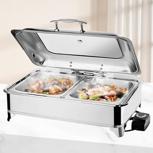 BOVDC Chafing Dish Elektrisch, 9L Edelstahl Speisewärmer Buffetwärmer Einstellbare Temperatur, Warmhaltebehälter Essen Elektrisch mit Sichtbarem Glasdeckel(Temperatur-Einstellknopf, 1/2 Pan)