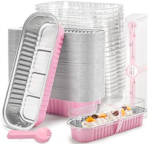 LOKQING Lot de 50 mini moules à pain rectangulaires individuels avec couvercles en aluminium pour grandes rassemblements, pique-niques, vacances, fêtes (rose, 200 ml)