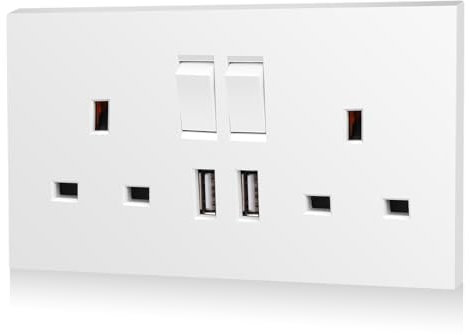 CNBINGO Double Switched Power Socket with 2 USB-A Charging Ports (2.1A Output), Electric Power Socket 2 Gang 13 Amp, White Double Plug Wall Outlet