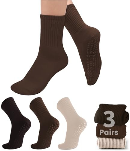 Purplepig 3 Paar Grip Pilates Socken Rutschfeste Yoga Socken für Frauen Pilates Pure Barre Barfuß Workout Schwangerschaft Krankenhaus, 08 Beige/Braun/Kaffee, 5.5-9