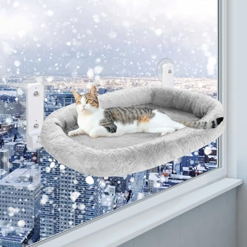 Casgee Fensterliege für Katzen 60×30cm, Katzen Hängematte mit Stabilen Saugnäpfen, Klappbare Katzenbett für Fenster, Fensterbank Katzenliege Bis zu 20kg, Grau