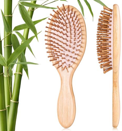 Bamboo Hair Brush for Hair Growth, Round Natural Bamboo Bristles Hairbrush for Massaging Scalp, Ergonomic Handle Wooden Hair Brushes for Women Men All Hair Types