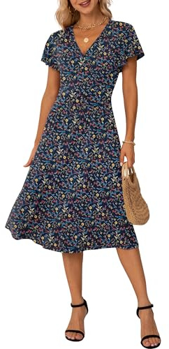 GRECERELLE Robe portefeuille d’été décontractée pour femme, à manches courtes volantées, décolleté en V, motif floral, pour la plage, M