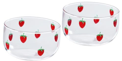 OFFSCH Lot de 2 saladiers en verre aux fraises - Bol en verre pour salades - Saladiers à mélanger - Bols à dessert en verre - Vaisselle décorative pour la cuisine