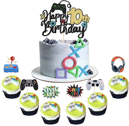 37 Stück 10th Videospiel Tortendeko Glitzer Game On Controllers 10th Geburtstag Kuchen Deko Spielkonsolen Cupcake Toppers für Videospiel Theme Jungen Mädchen Geburtstag Party Kuchen Dekorationen